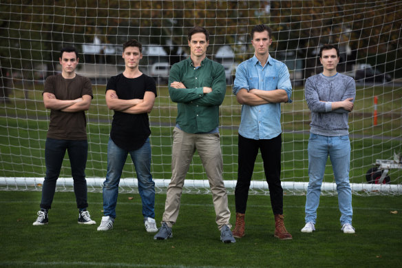 From left to right, Liam Dodds, Mikey Halcrow, Stephen Mahy, Sam Ward and Nigel Huckle in The Beautiful Game.