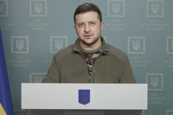 Ukrainian President Volodymyr Zelensky gives an address from his bunker.