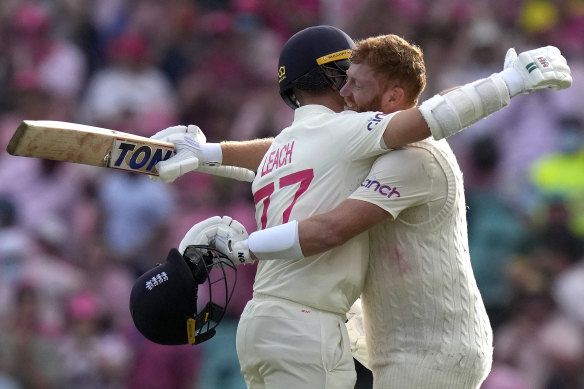 Jonny Bairstow embraces Jack Leach after reaching triple figures.