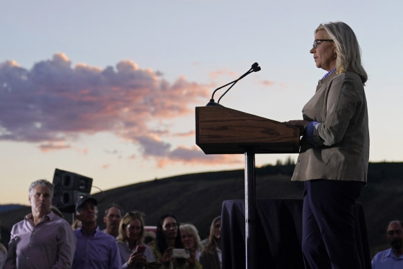 Liz Cheney addresses supporters at Mead Ranch in Jackson, Wyoming.