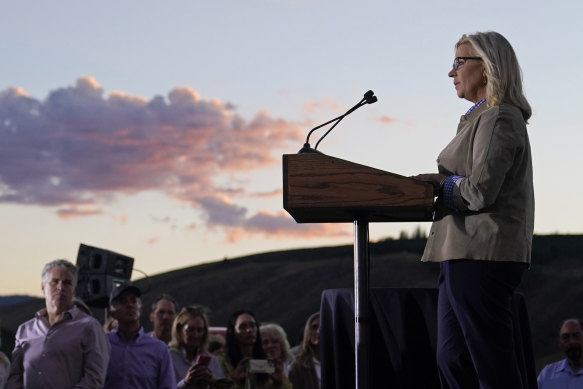 Liz Cheney addresses supporters at the Mead Ranch in Jackson, Wyoming.