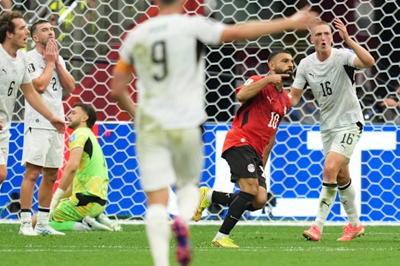 Egypt’s Mohamed Salah celebrates his side’s second goal.