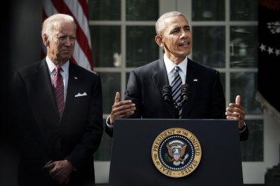 Then US president Barack Obama (right) speaks as then vice president Joe Biden stands in the Rose Garden at the White House in 2016.