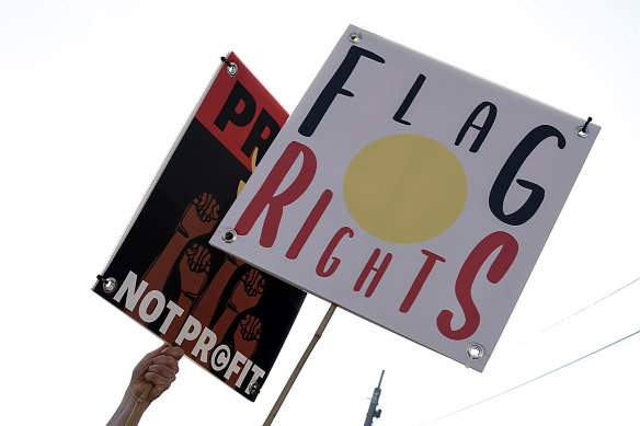 Placards at the NAIDOC Week march in July 2021.