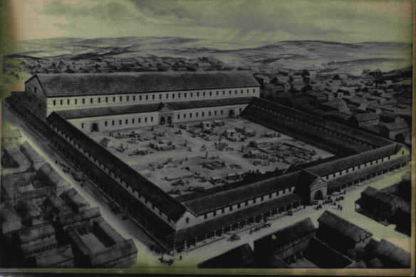 An artist’s impression of the larger basilica, or Roman Country Hall, uncovered by archaeologists at Leadenhall in the City of London in 1986.