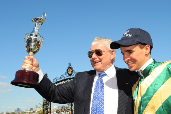 Trainer Bart Cummings and jockey Michael Rodd after Rock Classic’s win at Flemington in 2010.