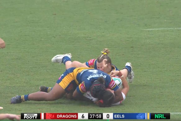 The alleged bite by Dragons winger Bartlett Madison on Parramatta’s Sereana Naitokatoka.