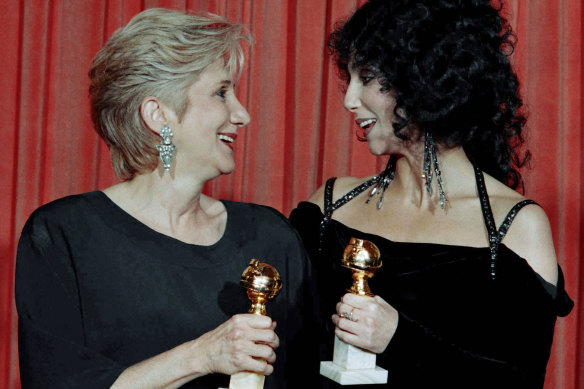 Olympia Dukakis and Cher pictured after their Golden Globe wins in 1988, for performances in Moonstruck.