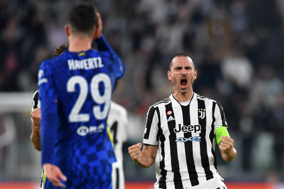Leonardo Bonucci celebrates Juve’s 1-0 win over defending champions Chelsea.