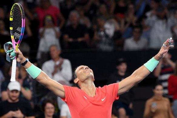 An elated Rafael Nadal celebrates his dominant win over Dominic Thiem.