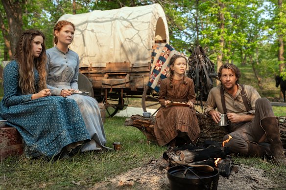 Simpler times? Mary (Skywalker Hughes), Ma (Crosby Fitzgerald) and Laura (Alice Halsey) and Pa (Luke Bracey), on the prairie.