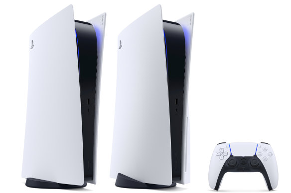 The PlayStation 5 Digital Edition, left, and the standard PS5.