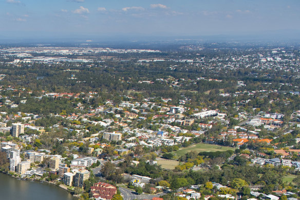 Toowong’s Perrin Park precinct, seen in the right foreground, is one of two proposed sites for a new primary school for inner-west Brisbane. 