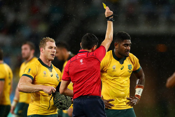 Naisarani is shown a yellow card during the Group D game between Australia and Georgia. 