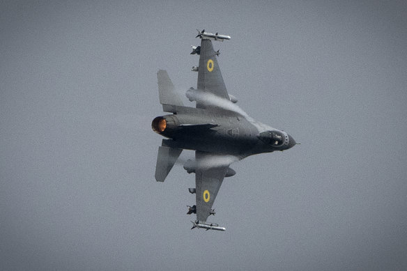 A Ukrainian Air Force’s F-16 fighter jet flies in an undisclosed location in Ukraine. Western countries donated the planes to help the country’s fleet of Soviet-era jets to counter Russia’s invasion.