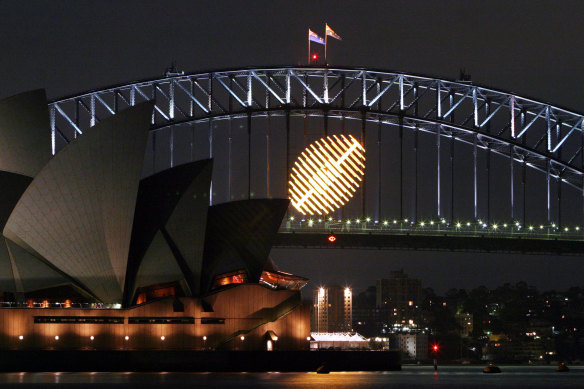 A rugby ball illuminated on the Harbour Bridge for the 2003 Rugby World Cup, 