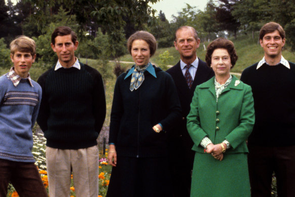Hosts with the most: (from left) Prince Edward, Prince Charles, Princess Anne, Prince Philip, Queen Elizabeth II and Prince Andrew at their Balmoral estate in 1979. 