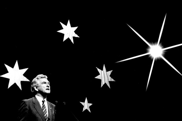 Bob Hawke on stage at the Sydney Opera House for the Labor Party campaign launch on June 23, 1987.