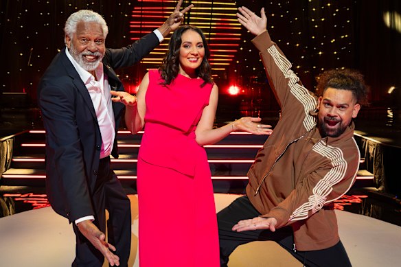 ABC News Breakfast host Bridget Brennan with her fellow That Blackfella Show co-hosts Ernie Dingo (left) and Isaac Compton.
