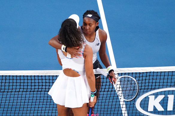 Coco Gauff (top) became the youngest player to defeat a defending major champion in Naomi Osaka.