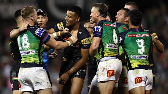 Tensions boil over after the full-time siren at BlueBet Stadium.