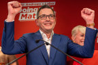 Premier Daniel Andrews celebrates Labor’s win on election night last year.