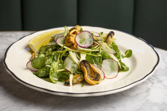 Watercress and mussel salad - No 100 is a deli, bar and bistro on Flinders Lane. Just Open for Good Food
