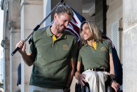 Australian Paralympian Brenden Hall and Madison de Rozario at Friday’s flag bearer ceremony in Sydney.