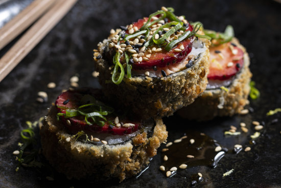 Go-to dish: Tempura hot rolls filled with avocado and topped with a slice of strawberry.