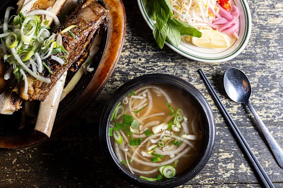 Signature pho with beef short rib and marrowbone.