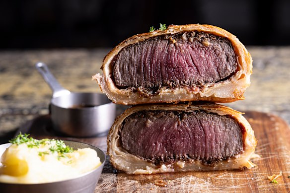 The cross-section of the beef Wellington.