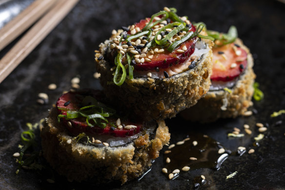 Go-to dish: Tempura hot rolls filled with avocado and topped with a slice of strawberry.