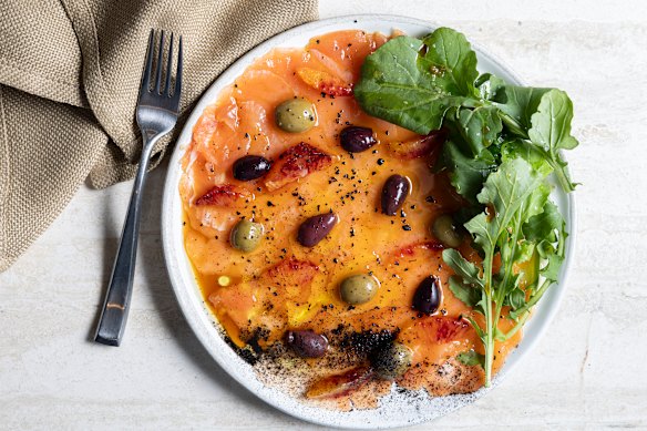 Raw marlin with blood orange, native mountain pepper and olives.