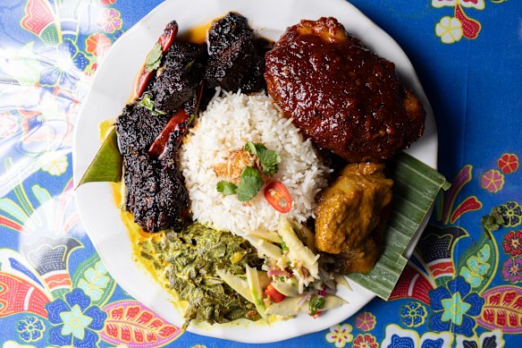 Build your own nasi campur plate from the selection in the bain-marie.