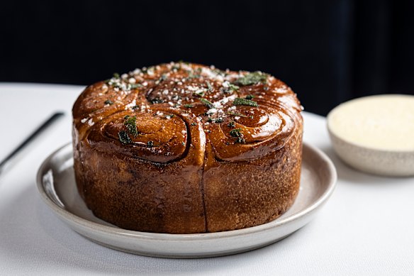 Complimentary bread: crown-shaped brioche brushed with a caramel made from vegetable scraps.
