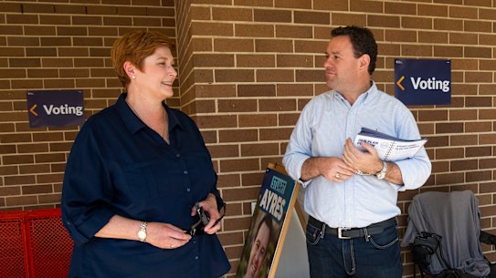 Foreign Affairs Minister Marise Payne with her partner, returning Penrith MP Stuart Ayres at Jamison High School.