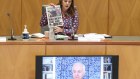 Commitee chair Senator Sarah Hanson-Young holds up a front page of the Daily Telegraph as she puts a question to former Prime Minister Malcolm Turnbull as he appears via videoconference during a hearing on media diversity in Australia in April.