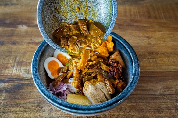 Mote hin khar (often written as “mohinga”) is a famous fish noodle soup, seen here at Ka Gyi in Box Hill.