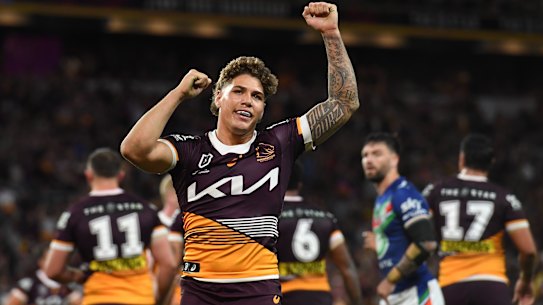 Reece Walsh celebrates after sealing a spot in the grand final.