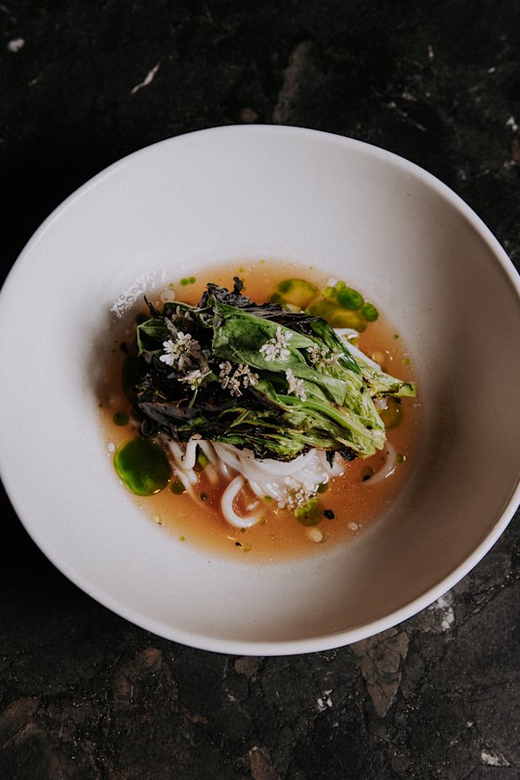 Agnes’ grilled calamari with rapini, fermented strawberry and dashi.