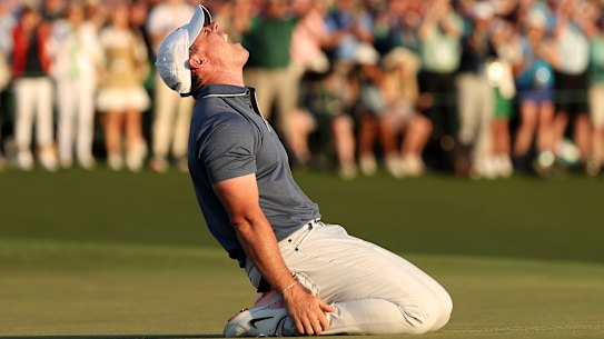Rory McIlroy celebrates winning the US Masters.