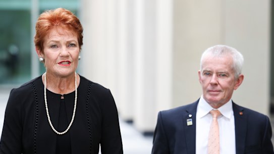One Nation leader Pauline Hanson and Senator Malcolm Roberts.
