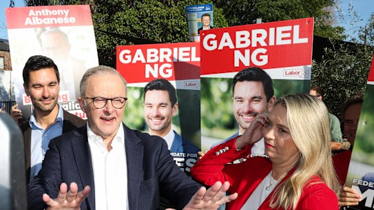 Labor candidate for Menzies Gabriel Ng, Prime Minister Anthony Albanese and his fiancee, Jodie Haydon.
