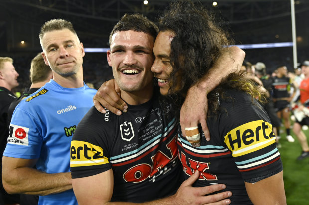 Nathan Cleary and Jarome Luai celebrate victory in last year’s grand final, their third straight premiership win together.