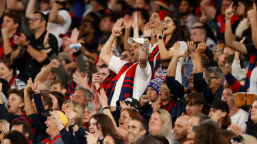 Demons fans celebrate during the season opener at the MCG against the Western Bulldogs.