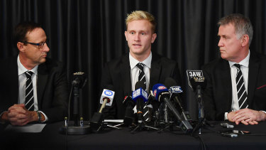 Suspended Collingwood player Jaidyn Stephenson faces the music.