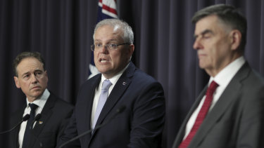 Minister for Health Greg Hunt, Prime Minister Scott Morrison and Chief Medical Officer Professor Brendan Murphy during a press conference on the coronavirus. 