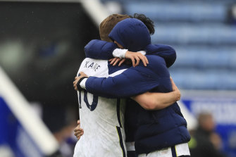 Tottenham’s Harry Kane hugged teammates before leaving the pitch at Leicester in what may have been his last game in a Spurs jersey.