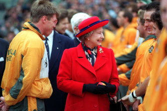 Nick Farr-Jones and David Campese talk to the Queen before the 1991 World Cup final.