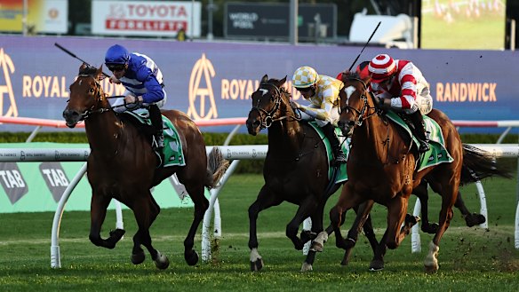 Tom Sherry will also ride Ostraka (right), pictured winning at Randwick in October, in the Takeover Target Stakes.